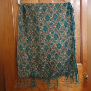 Teal and Brown Diamond Pattern Scarf with Fringe